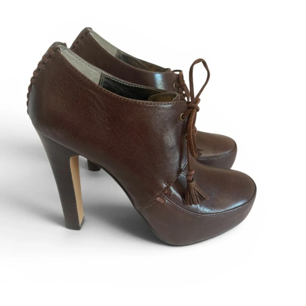 Carlos Falci Lauren Brown Leather Tassel‎ Lace Up Platform Ankle Booties 6.5M